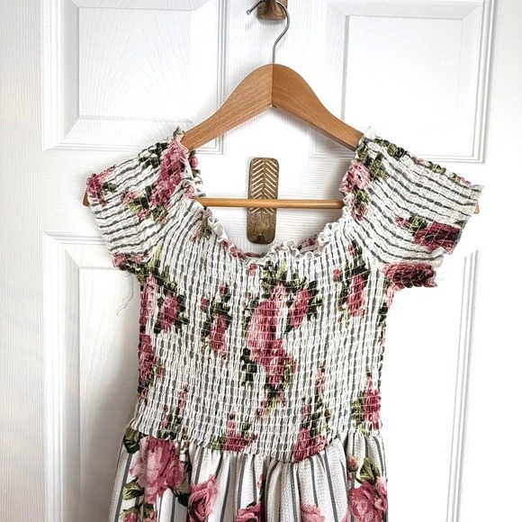 For Justice Romper Maxi Dress White Black Stripe Floral Smocked Off Shoulder L - Picture 3 of 12